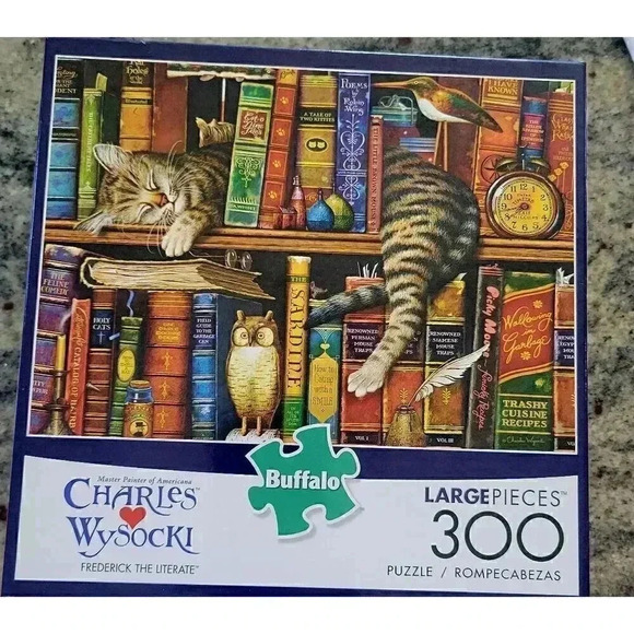Buffalo Games Charles Wysocki Frederick the Literate Cat Large 300 Piece Puzzle - Picture 1 of 4